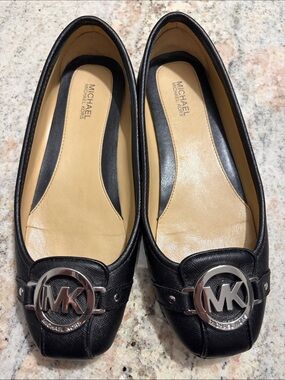 Michael Kors Black Leather Logo Ballet Flats with Silver MK Emblem